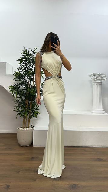 Ecru Shoulder and Waist Detail Evening Dress