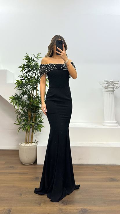 Siyah Fiyonk Detay Abiye Elbise