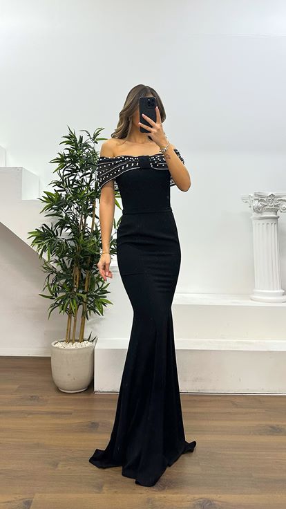 Siyah Fiyonk Detay Abiye Elbise