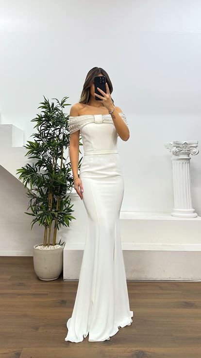 Beyaz Fiyonk Detay Abiye Elbise