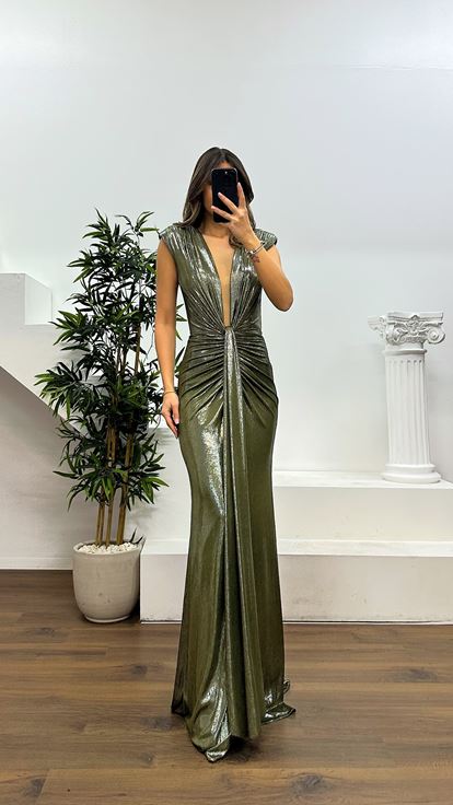 Haki V Yaka Abiye Elbise