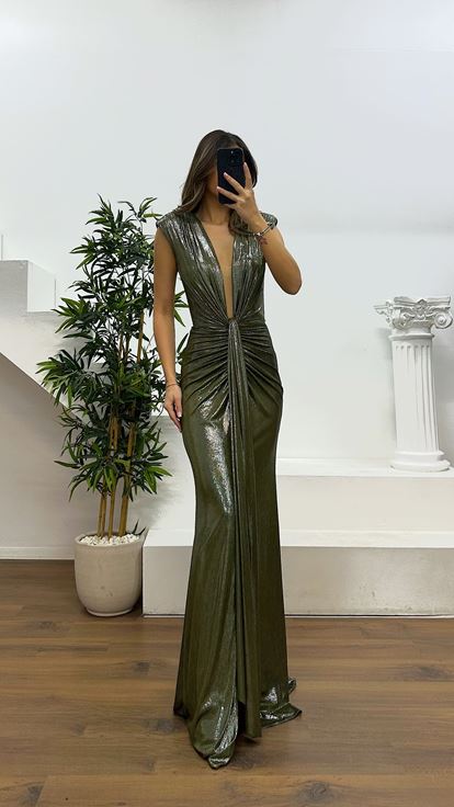 Haki V Yaka Abiye Elbise