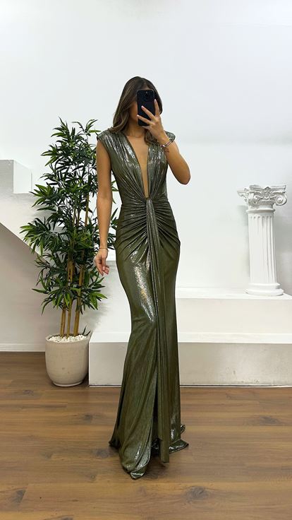 Haki V Yaka Abiye Elbise