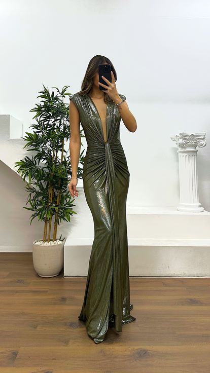 Haki V Yaka Abiye Elbise