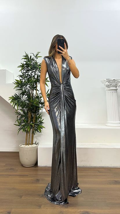 Gri V Yaka Abiye Elbise