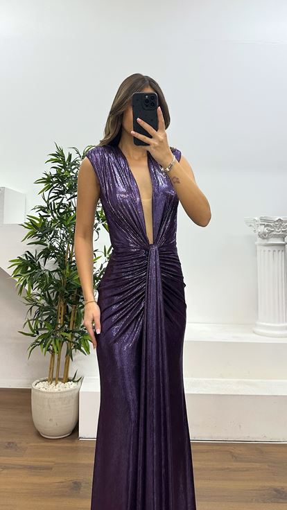 Mor V Yaka Abiye Elbise