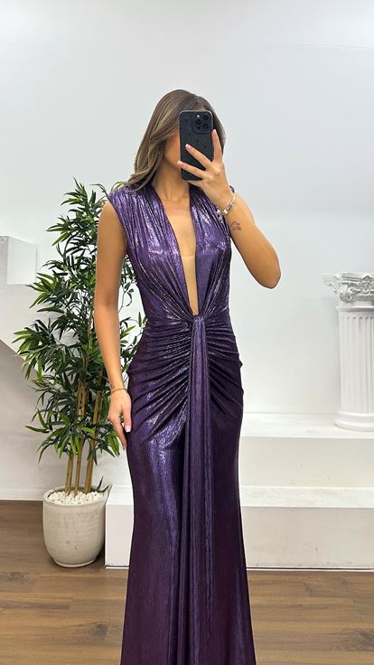 Mor V Yaka Abiye Elbise