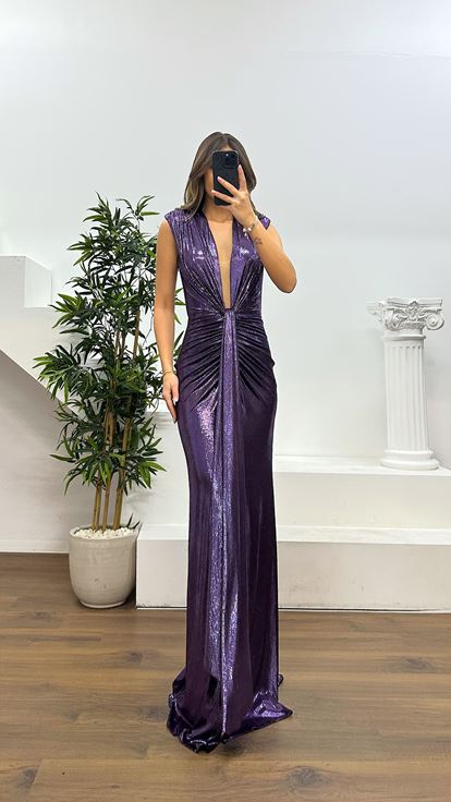 Mor V Yaka Abiye Elbise