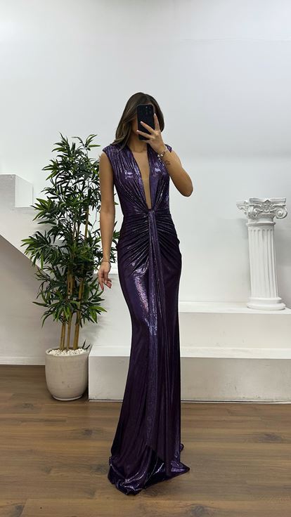 Mor V Yaka Abiye Elbise