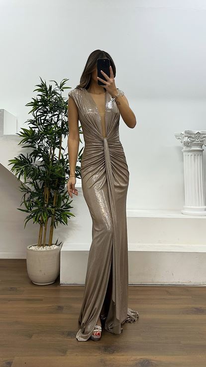 Beige V Neck Evening Dress