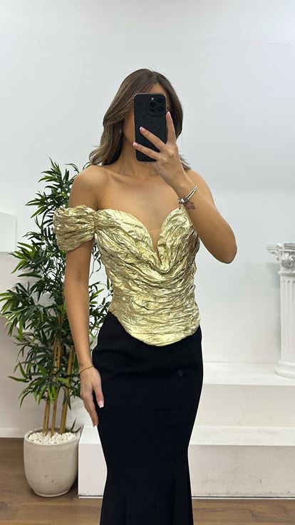 Gold One Shoulder Lame Evening Dress