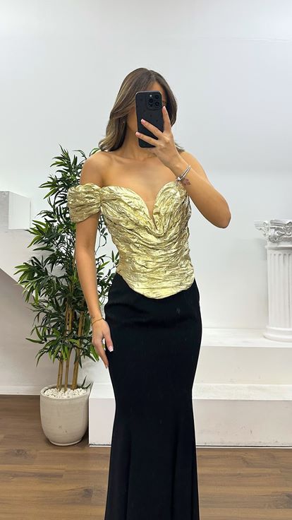 Gold One Shoulder Lame Evening Dress