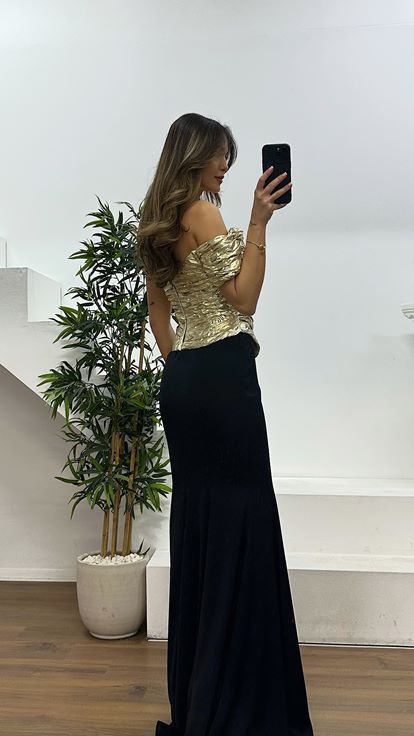 Gold One Shoulder Lame Evening Dress