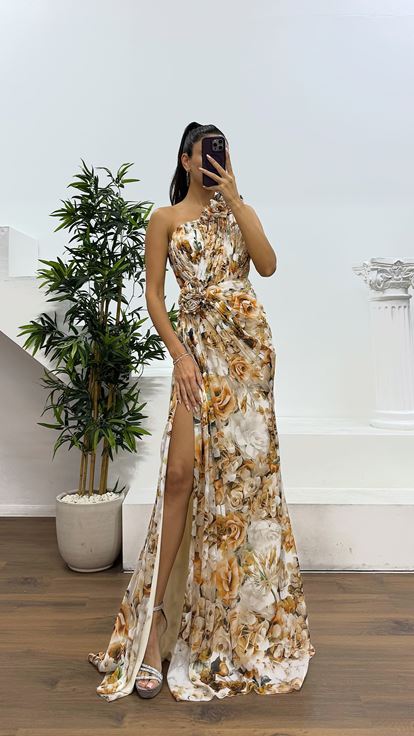 Bakır Tek Omuz Çiçekli Abiye Elbise