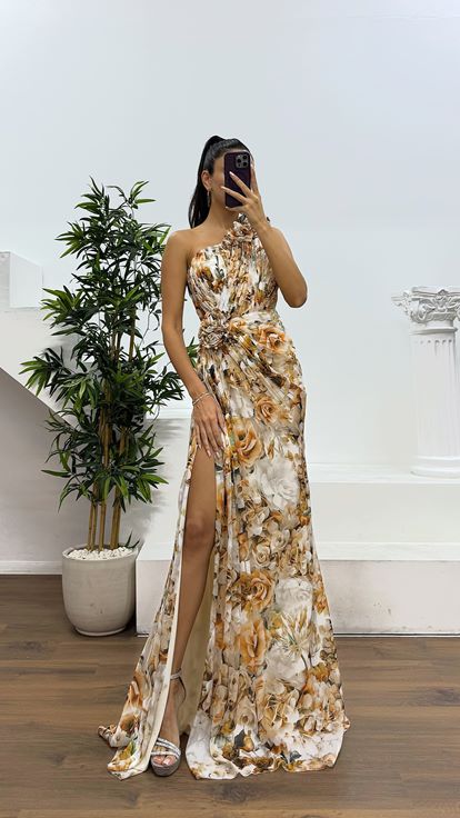 Bakır Tek Omuz Çiçekli Abiye Elbise