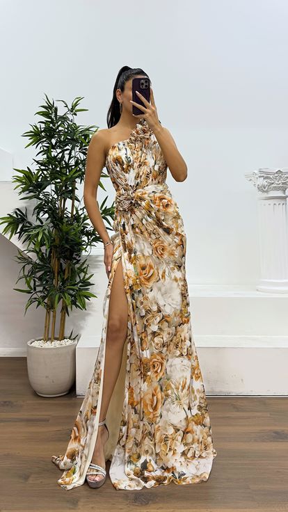 Bakır Tek Omuz Çiçekli Abiye Elbise
