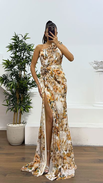 Bakır Tek Omuz Çiçekli Abiye Elbise