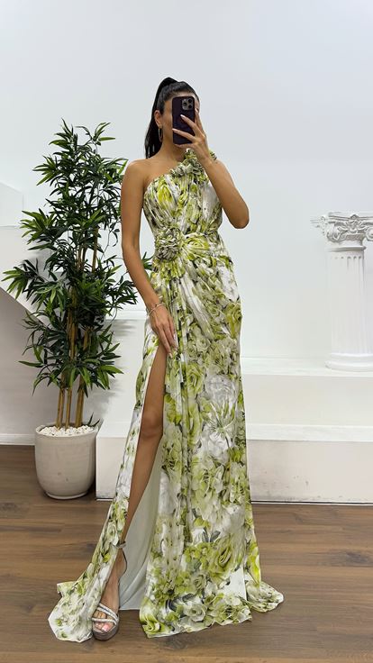 Kemik Yeşil Tek Omuz Çiçekli Abiye Elbise