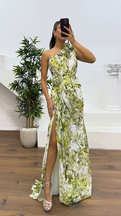 Kemik Yeşil Tek Omuz Çiçekli Abiye Elbise