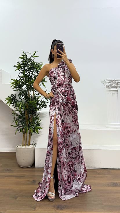 Bordo Tek Omuz Çiçekli Abiye Elbise