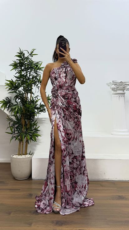 Bordo Tek Omuz Çiçekli Abiye Elbise