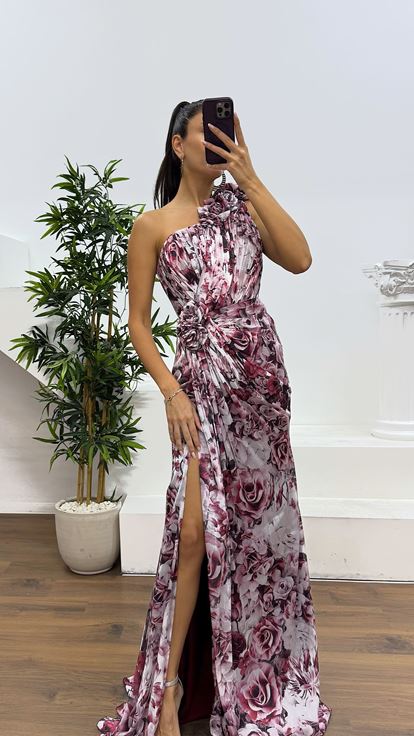 Bordo Tek Omuz Çiçekli Abiye Elbise