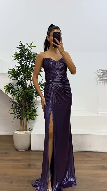 Purple Strapless Back Detail Evening Dress