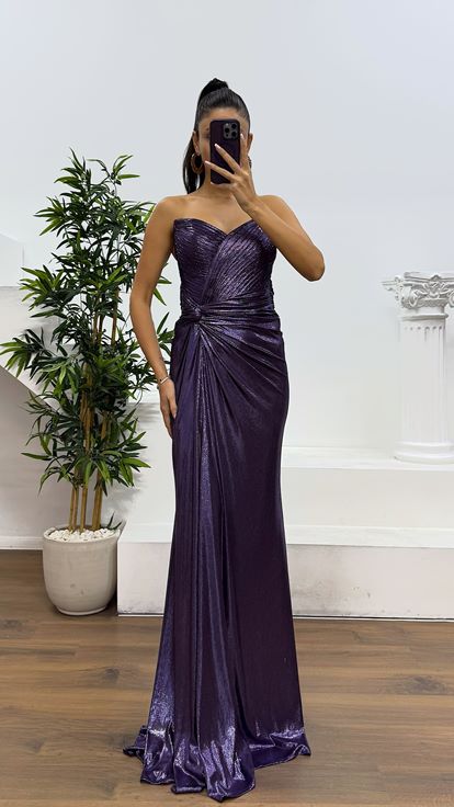 Purple Strapless Back Detail Evening Dress