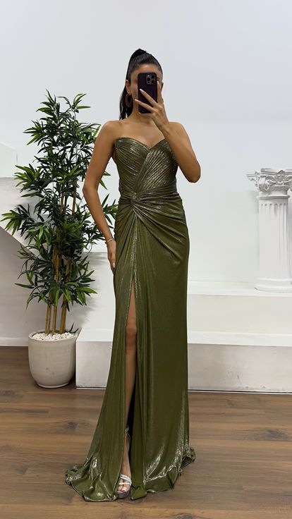 Haki Straplez Sırt Detay Abiye Elbise