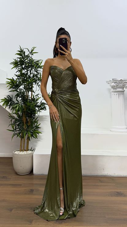 Haki Straplez Sırt Detay Abiye Elbise