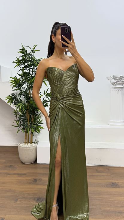 Haki Straplez Sırt Detay Abiye Elbise