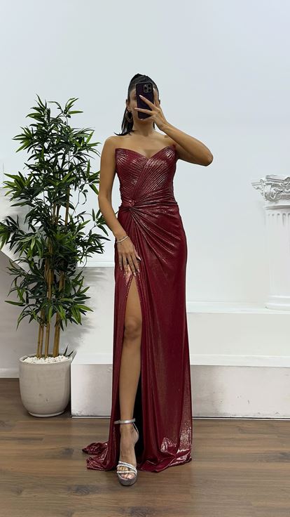 Red Strapless Back Detail Evening Dress
