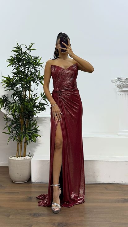 Red Strapless Back Detail Evening Dress