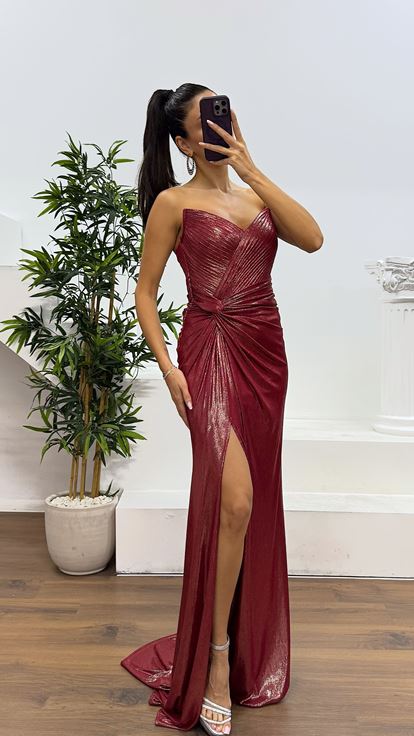 Red Strapless Back Detail Evening Dress