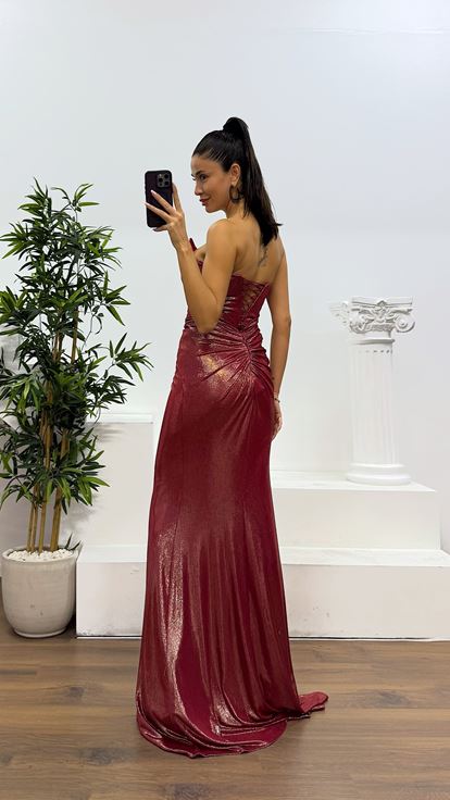 Red Strapless Back Detail Evening Dress