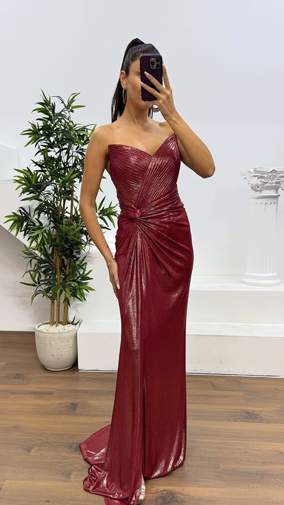 Red Strapless Back Detail Evening Dress