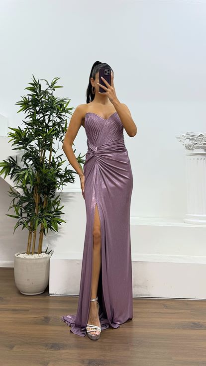 Lila Straplez Sırt Detay Abiye Elbise