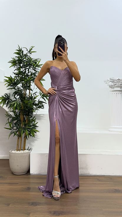 Lila Straplez Sırt Detay Abiye Elbise