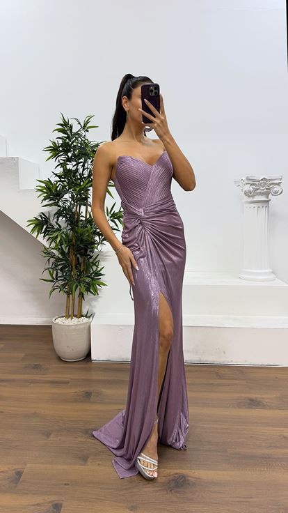 Lila Straplez Sırt Detay Abiye Elbise