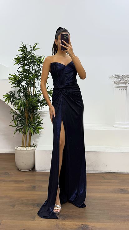 Navy Blue Strapless Back Detail Evening Dress