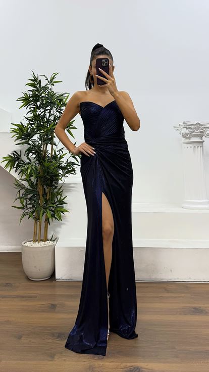 Navy Blue Strapless Back Detail Evening Dress
