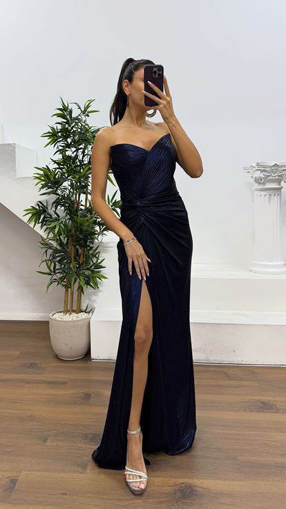 Navy Blue Strapless Back Detail Evening Dress