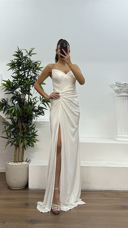 Kemik Gold Straplez Sırt Detay Abiye Elbise