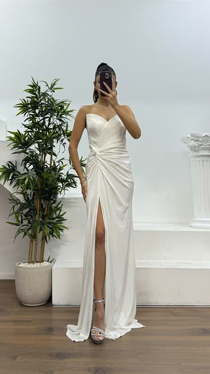 Kemik Gold Straplez Sırt Detay Abiye Elbise