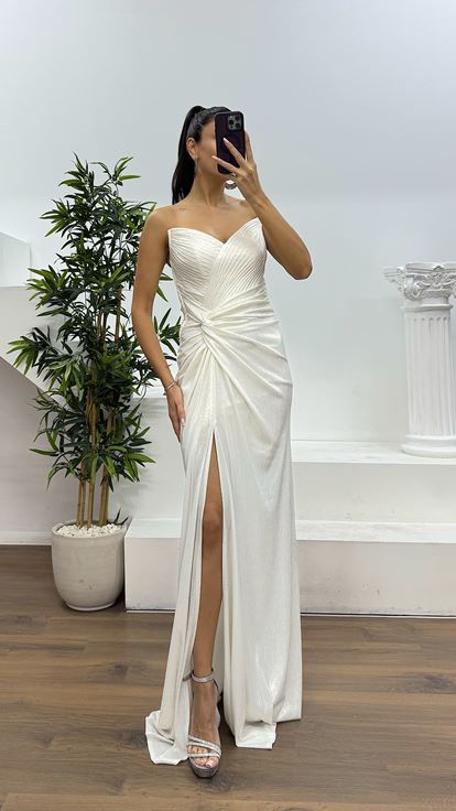 Kemik Gold Straplez Sırt Detay Abiye Elbise