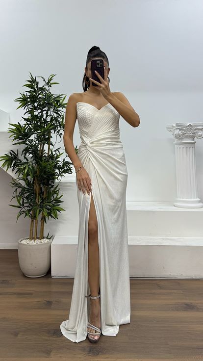 Kemik Gold Straplez Sırt Detay Abiye Elbise