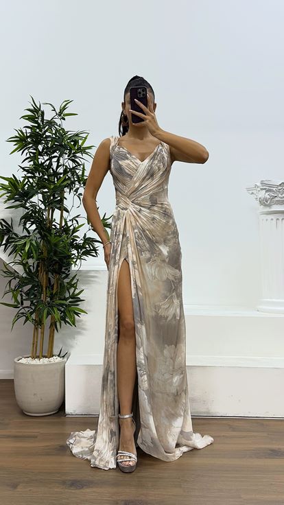 Mink Strap Patterned Evening Dress