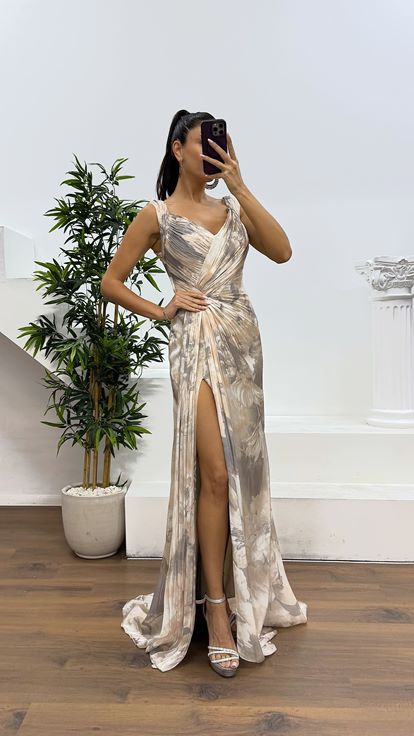 Mink Strap Patterned Evening Dress