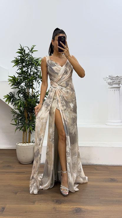 Mink Strap Patterned Evening Dress