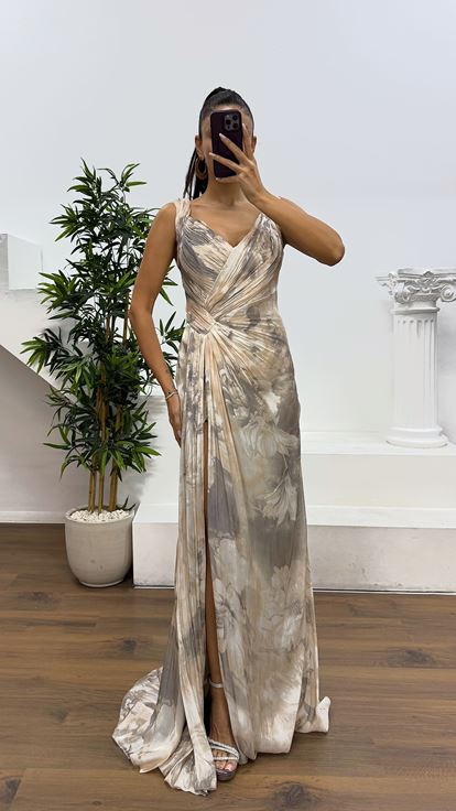 Mink Strap Patterned Evening Dress